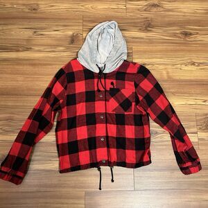 Buffalo Plaid Hooded Flannel Jacket Youth L 11-13 Cropped Grunge Red Black